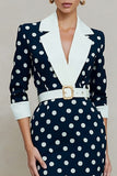 Navy White Polka Dot Pencil Notched Lapel Midi Work Dress With Belt