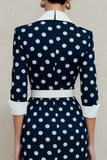 Navy White Polka Dot Pencil Notched Lapel Midi Work Dress With Belt