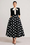 Black Polka Dot A Line Midi Dress With Half Sleeves