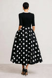Black Polka Dot A Line Midi Dress With Half Sleeves