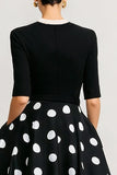 Black Polka Dot A Line Midi Dress With Half Sleeves