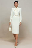 Ivory Long Sleeve Pencil Work Dress With Slit