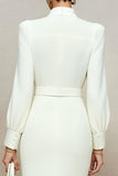 Ivory Long Sleeve Pencil Work Dress With Slit