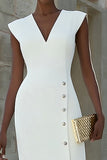 Ivory V-Neck Pencil Midi Work Dress With Slit