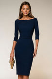 Navy Bateau Neck Bodycon Work Dress With Slit