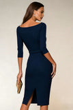 Navy Bateau Neck Bodycon Work Dress With Slit