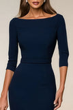 Navy Bateau Neck Bodycon Work Dress With Slit