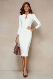 Ivory Pencil Midi Work Dress With 3/4 Sleeves