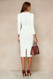 Ivory Pencil Midi Work Dress With 3/4 Sleeves
