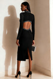 Black Beaded High Neck Cut Out Midi Formal Dress With Slit