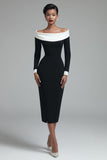 Off the Shoulder Black Sheath Midi Work Dress With Slit