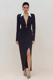 Long Sleeve Black Sheath Work Dress With Slit
