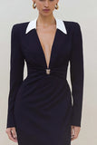 Long Sleeve Black Sheath Work Dress With Slit