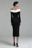 Off the Shoulder Black Sheath Midi Dress With Long Sleeves