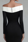 Off the Shoulder Black Sheath Midi Dress With Long Sleeves