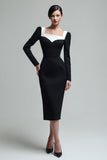 Black Square Neck Bodycon Midi Work Dress With Long Sleeves