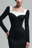 Black Square Neck Bodycon Midi Work Dress With Long Sleeves