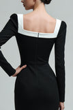 Black Square Neck Bodycon Midi Work Dress With Long Sleeves