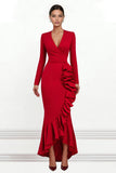 Mermaid Red V-Neck Ruffle Formal Dress With Long Sleeves