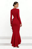 Mermaid Red V-Neck Ruffle Formal Dress With Long Sleeves