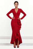 Mermaid Red V-Neck Ruffle Formal Dress With Long Sleeves