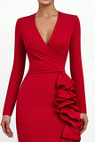 Mermaid Red V-Neck Ruffle Formal Dress With Long Sleeves