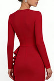Mermaid Red V-Neck Ruffle Formal Dress With Long Sleeves