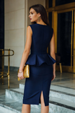 Navy Ruffle Pencil Work Dress With Slit