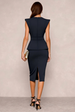 Pencil Navy Midi Work Dress With Slit