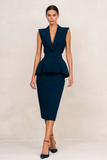 Navy Pencil Peak Lapel Midi Work Dress
