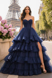 Navy Strapless Ball Gown Tiered Ruffle Long Prom Dress With Slit