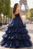 Navy Strapless Ball Gown Tiered Ruffle Long Prom Dress With Slit