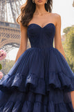 Navy Strapless Ball Gown Tiered Ruffle Long Prom Dress With Slit