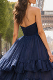 Navy Strapless Ball Gown Tiered Ruffle Long Prom Dress With Slit