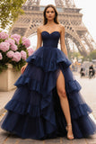 Navy Sweetheart Ruched Tiered Ball Gown Long Prom Dress With Slit