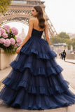 Navy Sweetheart Ruched Tiered Ball Gown Long Prom Dress With Slit