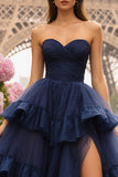 Navy Sweetheart Ruched Tiered Ball Gown Long Prom Dress With Slit