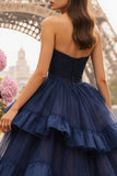 Navy Sweetheart Ruched Tiered Ball Gown Long Prom Dress With Slit