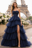 Navy Strapless Tiered Ruffle Ruched Ball Gown Long Prom Dress With Slit