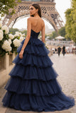 Navy Strapless Tiered Ruffle Ruched Ball Gown Long Prom Dress With Slit