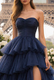 Navy Strapless Tiered Ruffle Ruched Ball Gown Long Prom Dress With Slit