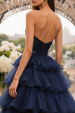 Navy Strapless Tiered Ruffle Ruched Ball Gown Long Prom Dress With Slit