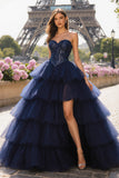 Navy Beaded Sweetheart Tiered Ruffle Corset Ball Gown Long Prom Dress With Slit