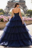 Navy Beaded Sweetheart Tiered Ruffle Corset Ball Gown Long Prom Dress With Slit