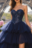 Navy Beaded Sweetheart Tiered Ruffle Corset Ball Gown Long Prom Dress With Slit