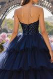 Navy Beaded Sweetheart Tiered Ruffle Corset Ball Gown Long Prom Dress With Slit