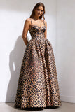 Brown Leopard A Line Long Prom Dress With Pockets