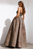 Brown Leopard A Line Long Prom Dress With Pockets