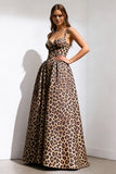 Brown Leopard A Line Long Prom Dress With Pockets