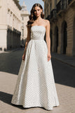 White Black Dots A Line Strapless Long Prom Dress